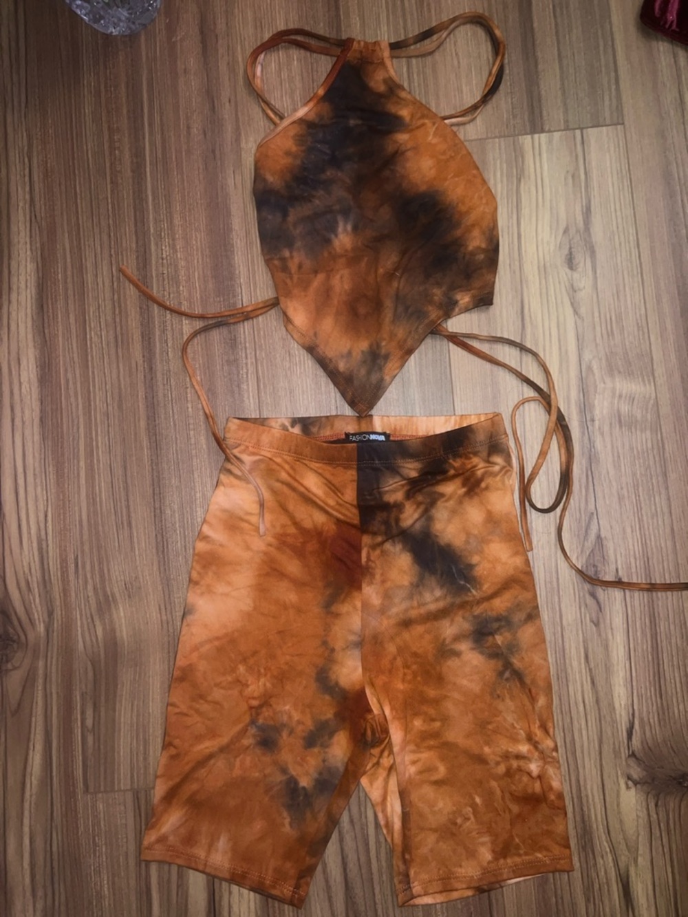 Rust & Black Tie-Dye Two-Piece Halter Top + Bike Shorts Set